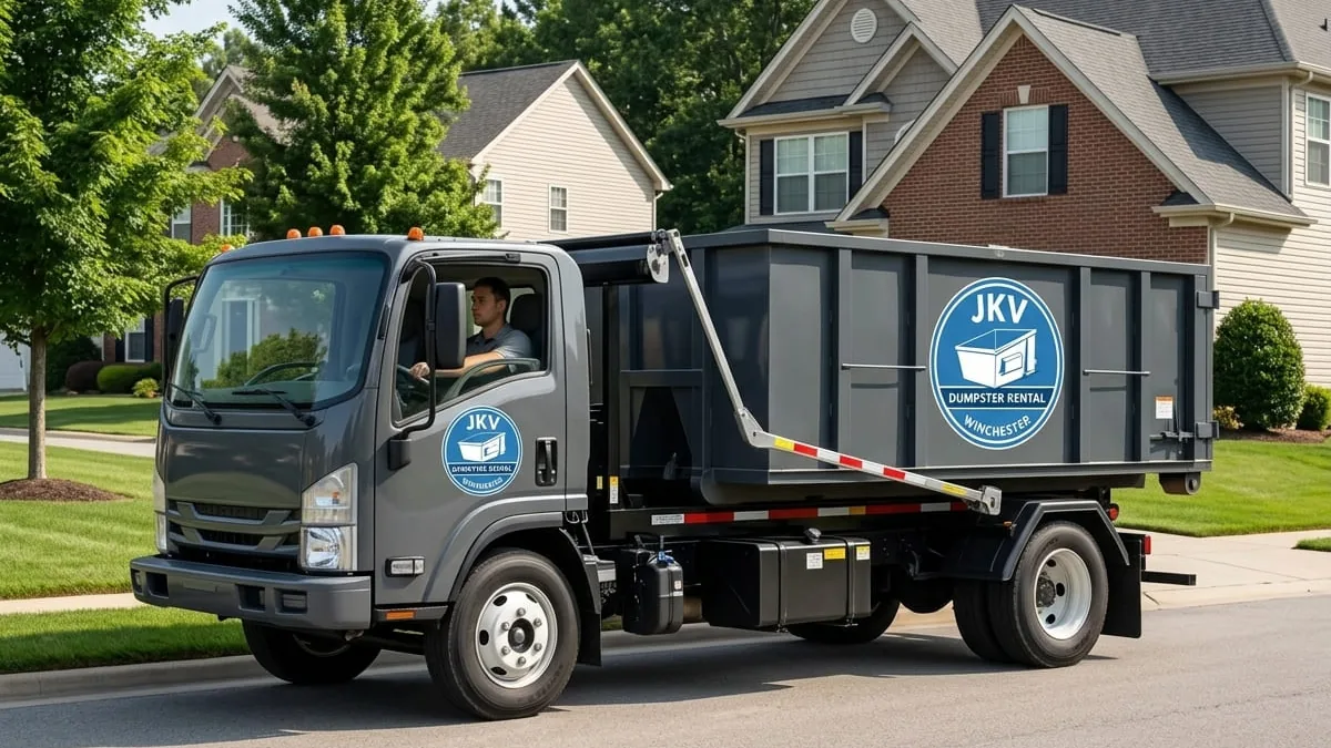 JKV Dumpster Rental Winchester roll-off truck delivering in Winchester, VA