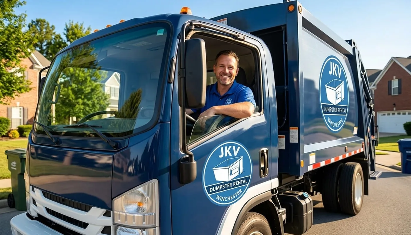 JKV roll-off dumpster being delivered to a Winchester, Virginia driveway